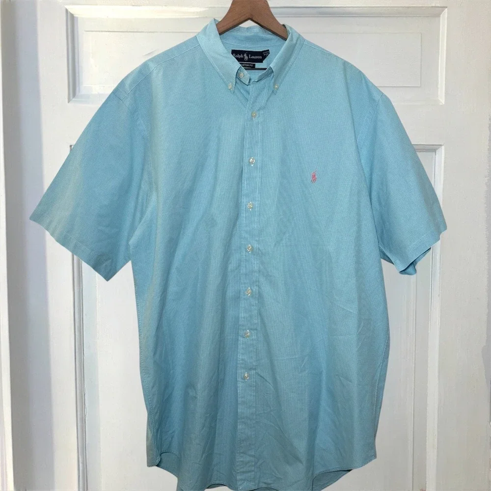 Ralph Lauren Custom Fit Gingham Mens XLT Blue Short Sleeve Button Down Shirt